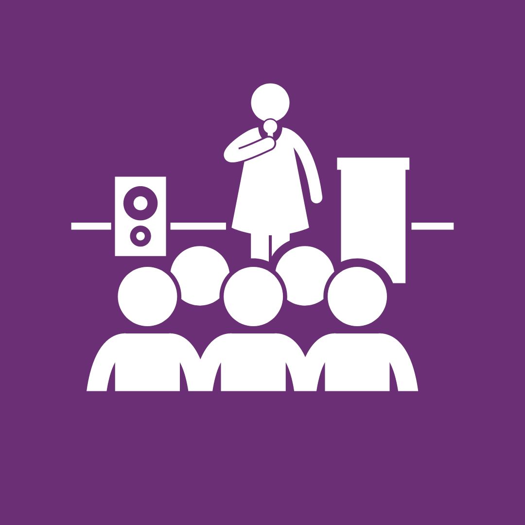 purple logo with image of person speaking to an audience